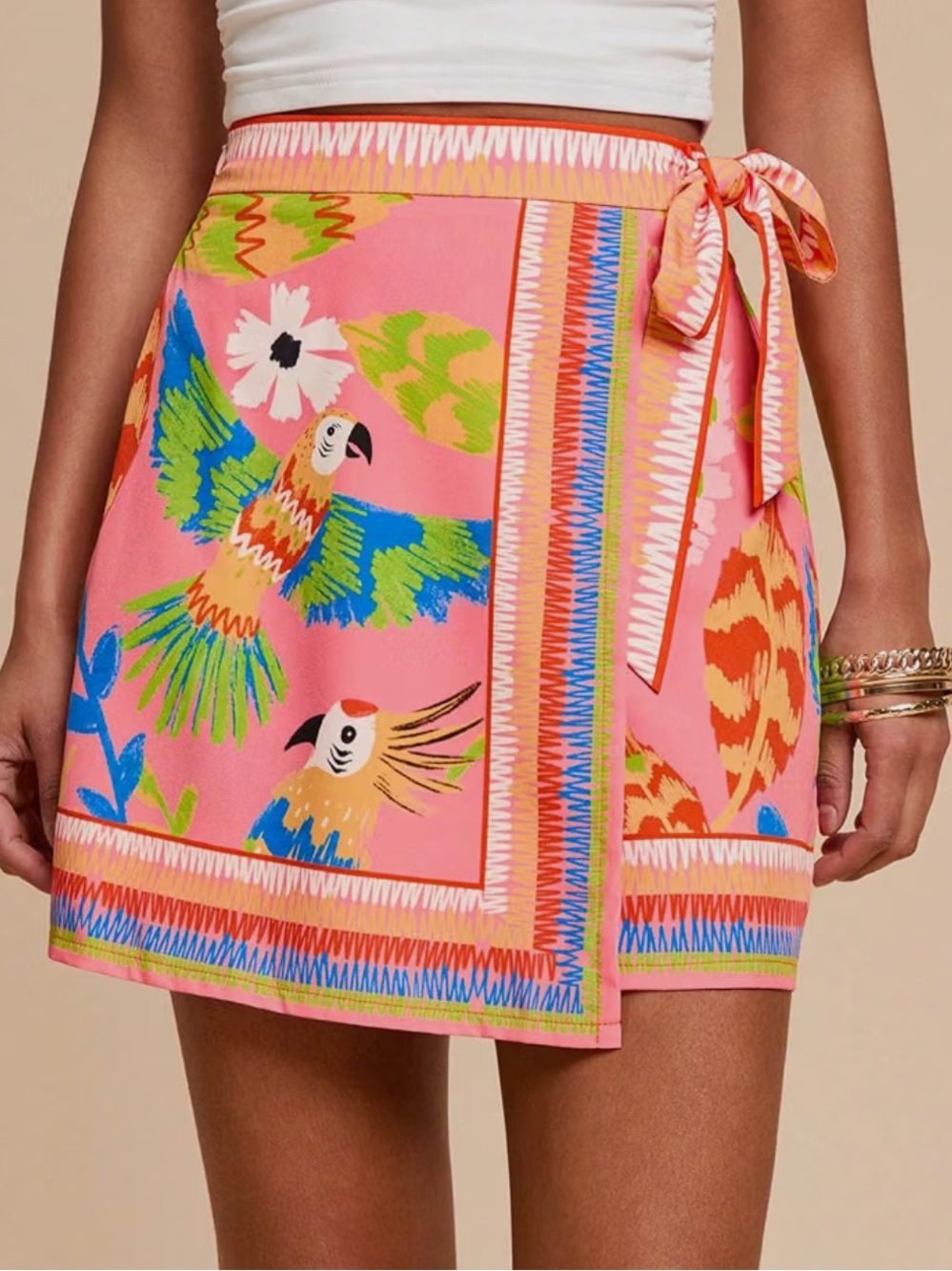 Pink Parrot Print Wrap Mini Skort